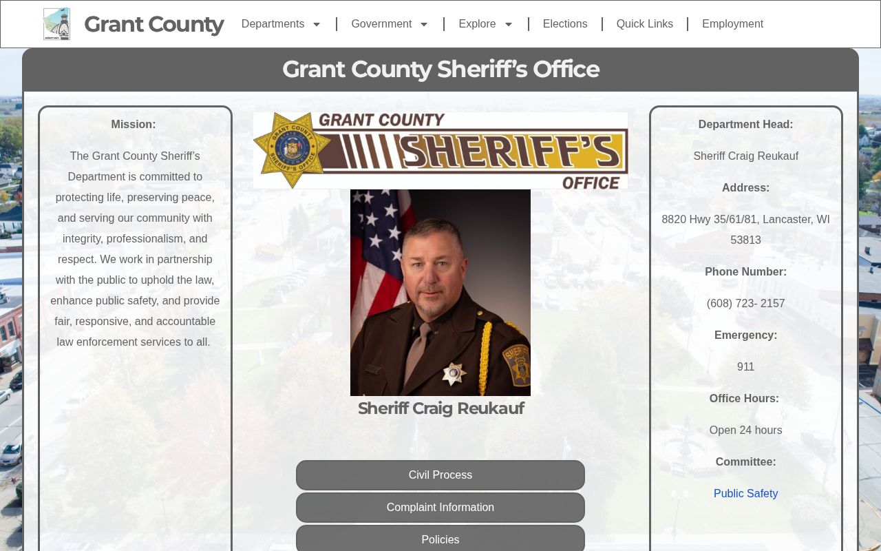 Grant County Sheriff's Office current official page for booking-record access